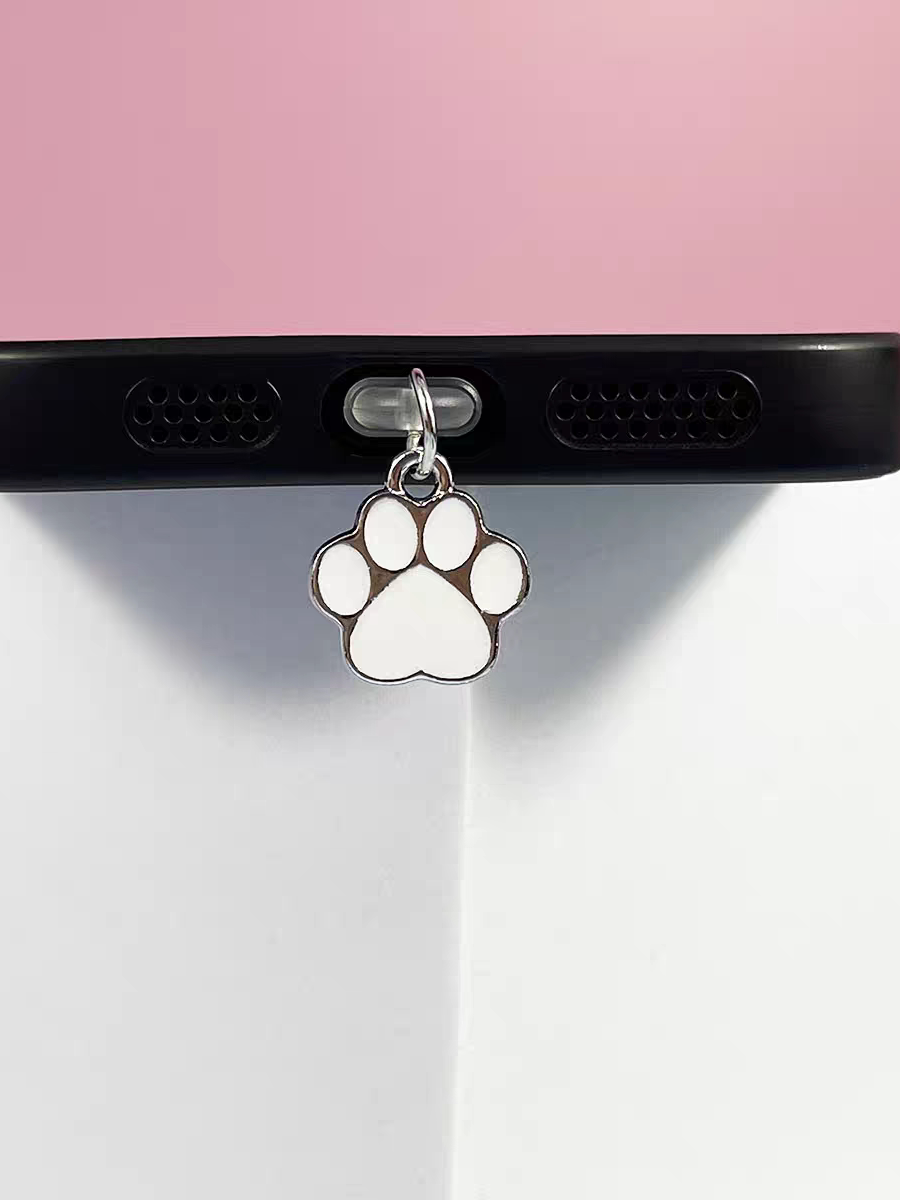 Metal Black and White Cat Paw Phone Dust Plug Charging Port Cover Pendant for Apple, Huawei, Type-C, Android