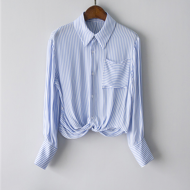Velvet jasmine silk shirt women's fresh and elegant blue and white striped kink short women's comfortable college style mulberry silk top