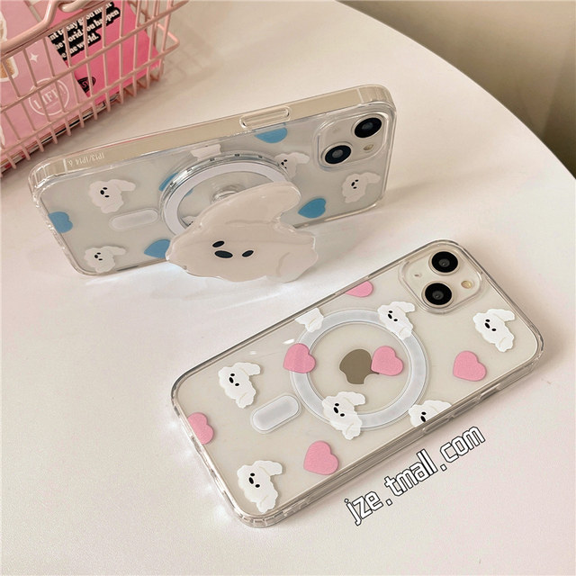 Cartoon cute loving puppy with stand suitable for Apple 14 magnetic phone case iPhone13ProMax new 15pro anti-fall 12 women's model 11 silicone 14pro transparent couple all-inclusive soft