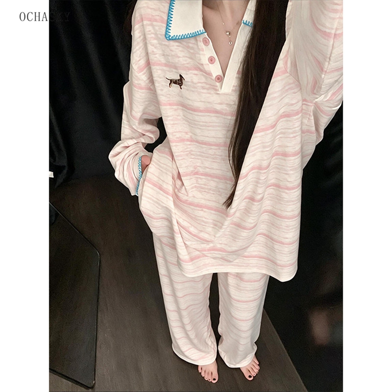 French Ochasky Cloud Cotton Silk Pajamas for Women 2026 New Autumn Striped Puppy Design High-End Wearable Home Wear