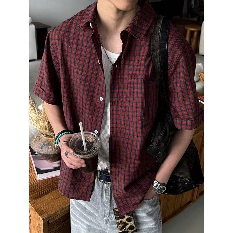 Miu Series Dark Red Plaid Short-Sleeved Shirt for Men, Summer American Style Loose Casual High-End Shirt with Collar, Trendy T-Shirt