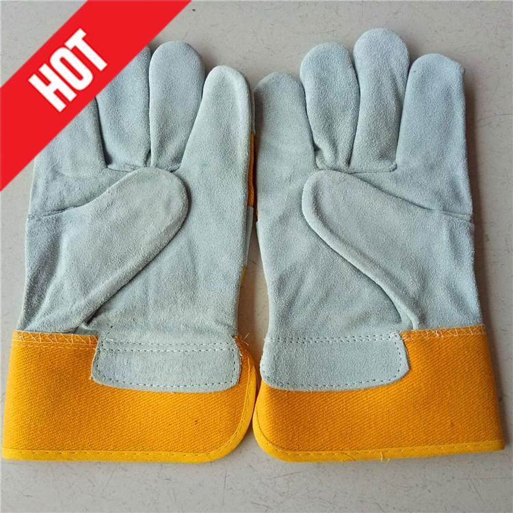 Hot-selling cow two-layer short full leather A-grade yellow cloth two-finger cut-resistant high temperature 300-degree welding work protective gloves labor insurance
