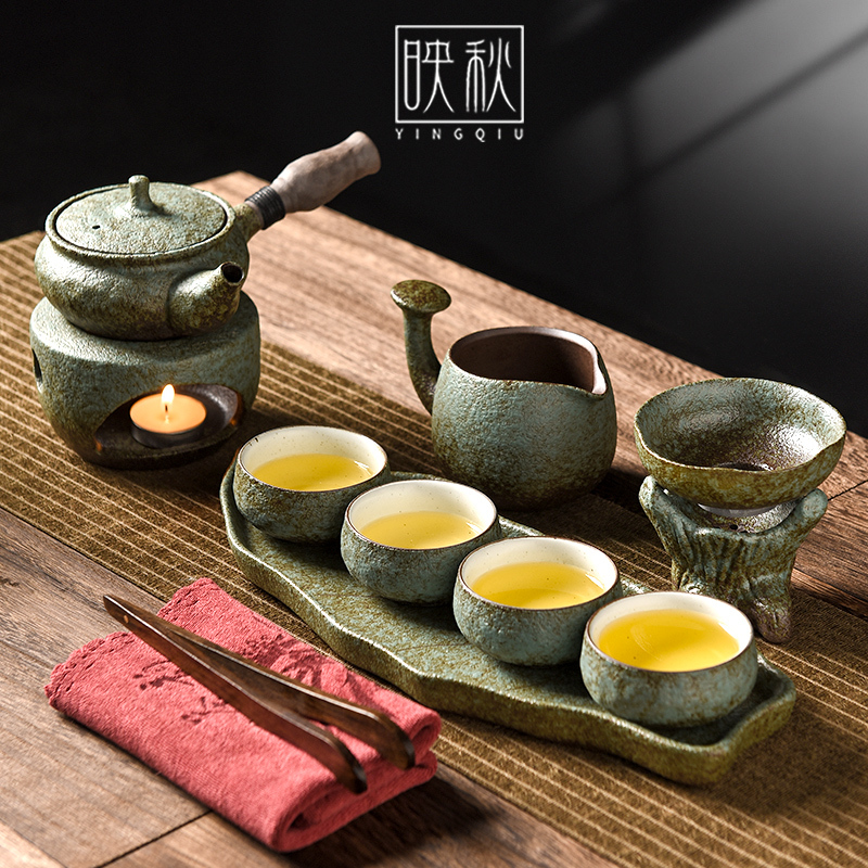 Yingqiu Retro Coarse Pottery Kung Fu Tea Set for Home Use in the Living Room, Ceramic Dry Brewing Tea Tray, Tea Cup, Teapot, Complete Tea Set