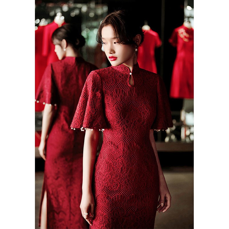 Man Tingfang Original (Haitangchun) Toast Dress Bride Cheongsam 2022 New Wedding Engagement Red