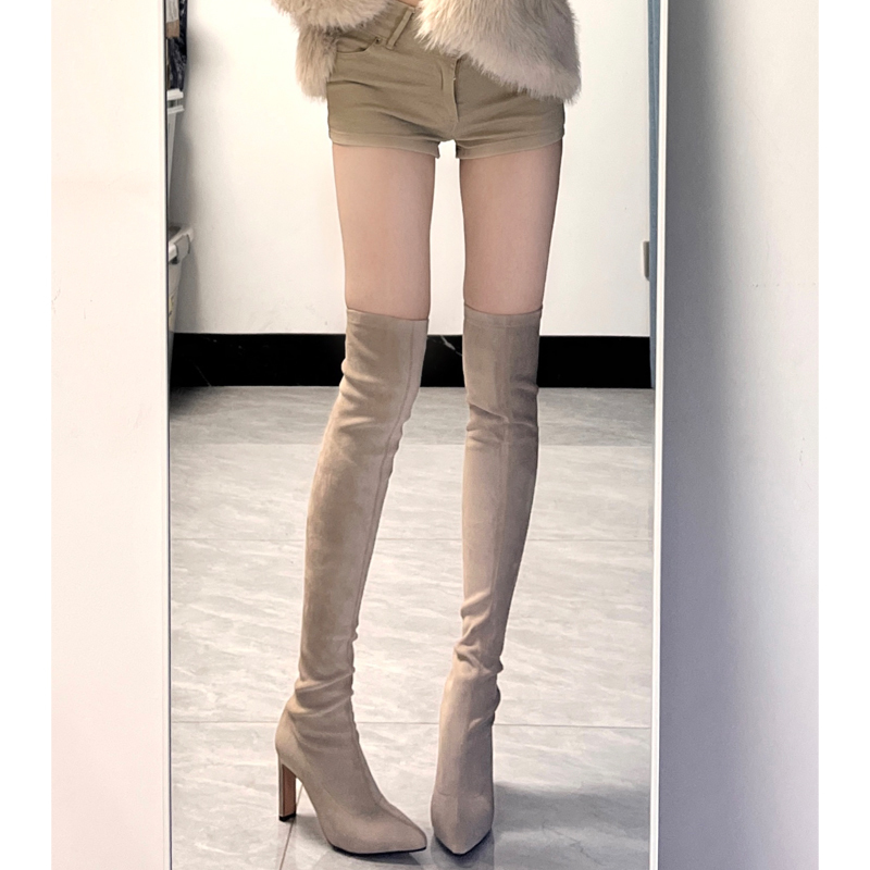 Autumn and Winter Sexy Pointed-Toe High-Heeled Over-The-Knee Boots for Women, Thick-Heeled Elastic Slim Boots, Slim-Heeled Long Boots