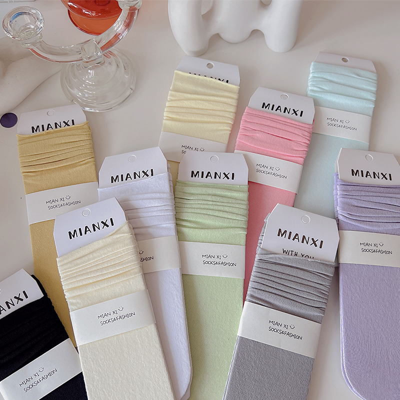 Summer Matching Leather Shoes, White and Black Slouch Socks, Rolled Edge Socks for Women, Pure Cotton, Thin Summer Style, No Heel, Mid-Calf Socks