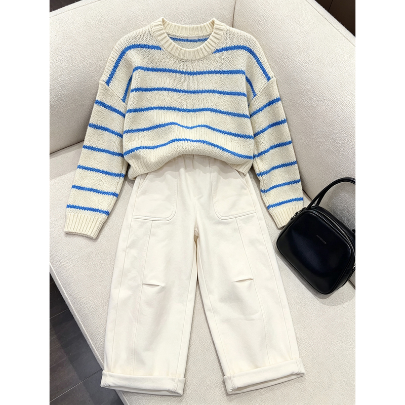 In Autumn, It's so Beautiful and Has a Relaxed Vibe. It's Versatile, Loose-Fitting, Age-Reducing, Slimming, Striped Knitted Sweater, Casual Wide-Leg Pants Set, Trendy In Autumn, It's so Beautiful and Has a Relaxed Vibe. It's Versatile, Loose-Fitting, Age-Reducing, Slimming, Striped Knitted Sweater, Casual Wide-Leg Pants Set, Trendy