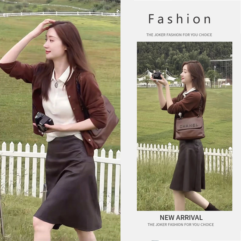 Korean-Style Simple and Slimming Outfit for Women, Autumn Trendy Fashion Knitwear with Polo Collar, Paired with a Half Skirt, Three-Piece Set