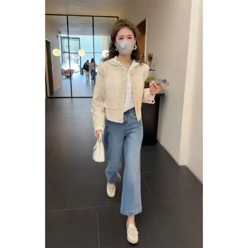 Spring Age-Reducing Outfit: a Complete Set of Versatile Women's Hooded Base Shirt, Chanel-Style Jacket, and Jeans Three-Piece Trendy Set