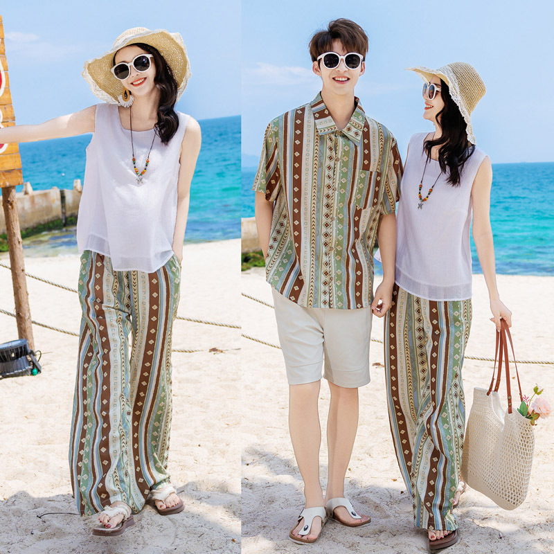 Beach Pants Couple Outfits Summer Men's and Women's Sets Phuket Sanya Seaside Vacation Travel Photo Shoot Wide-Leg Pants