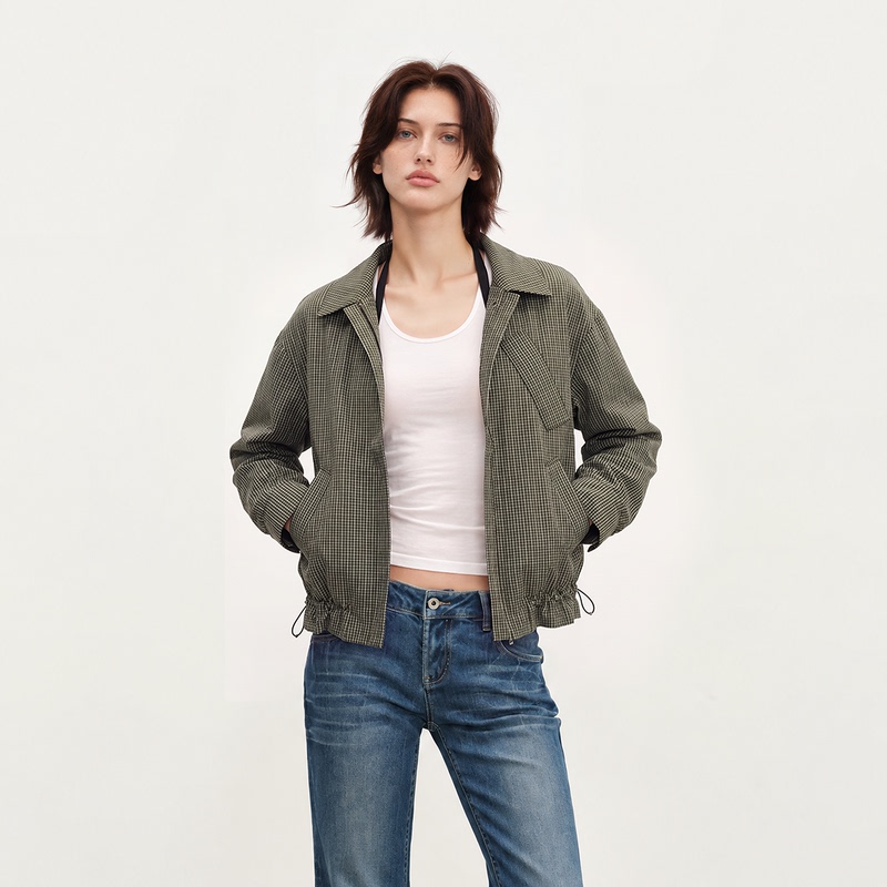 Howwell Zhang Jingyi's Same Style Plaid Ruffle Patchwork Loose Short Color-Block Plaid Lapel Plaid Jacket