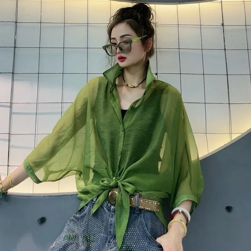 Sun Protection Shirt 2025 Summer Thin Niche Loose Slimming Look Pure Color Shirt Korean Style Versatile Fashionable Simple Women's Shirt