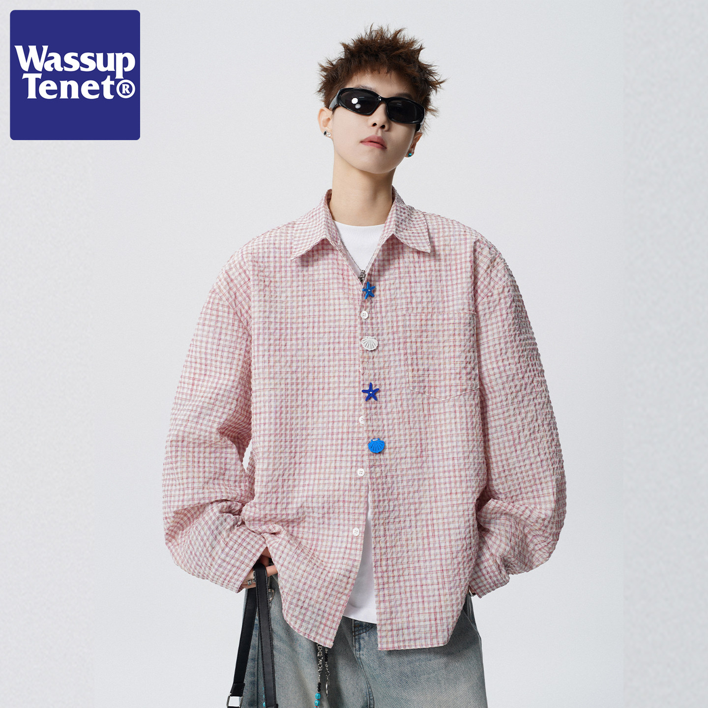 Wassup tenet美式泡泡纱格纹长袖衬衫男秋季潮牌趣味纽扣衬衣外套