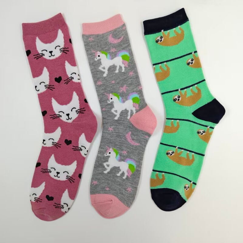 Cartoon Women's Mid-Calf Socks with Cute Tree, Unicorn, and Cat Patterns, Breathable Cotton Socks for Spring and Autumn, Trendy Ins-Style Socks for Girls