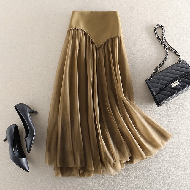 Small tall waist and thin half-length skirt khaki stitching irregular mesh skirt women's 2022 winter new style