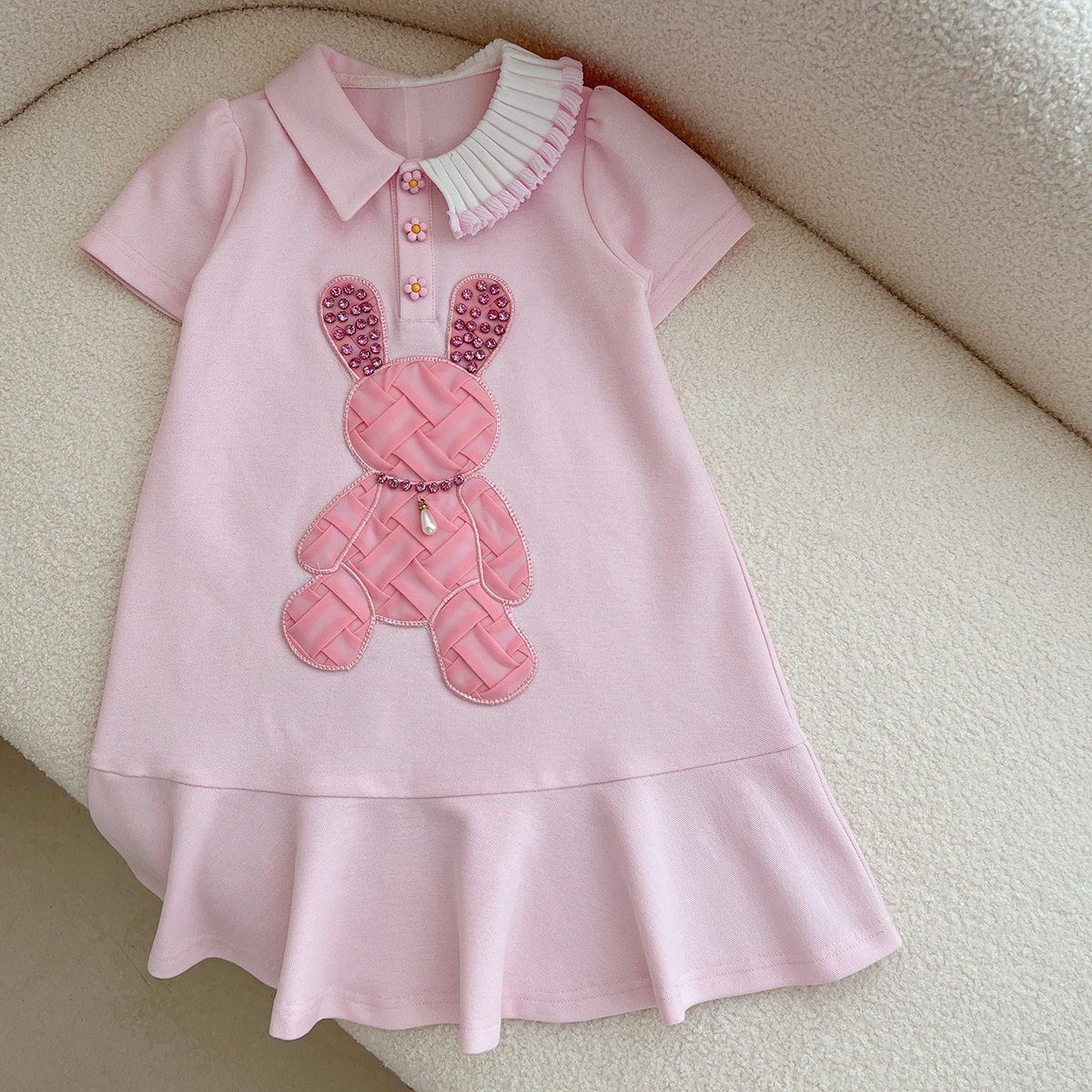 Girls Fashion Irregular Polo Dress Children Summer Design Sense Visual Cartoon Rabbit Pink Dress