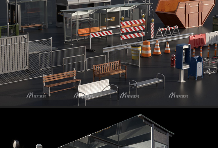 图片[6]-C4D交通道路设施设备路牌警示栏杆灯长椅路障公交站台3d模型MX115-cg男孩