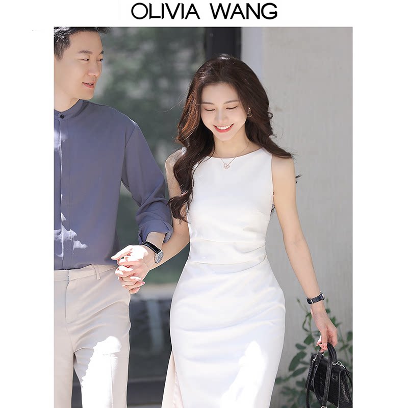 Oliviawang 【สไตล์เดียวกับกู้ อ้ายหลิง】 ชุดเดรสทำงานฤดูร้อนสำหรับผู้หญิง สีขาว เปิดไหล่ ใส่ออกงาน