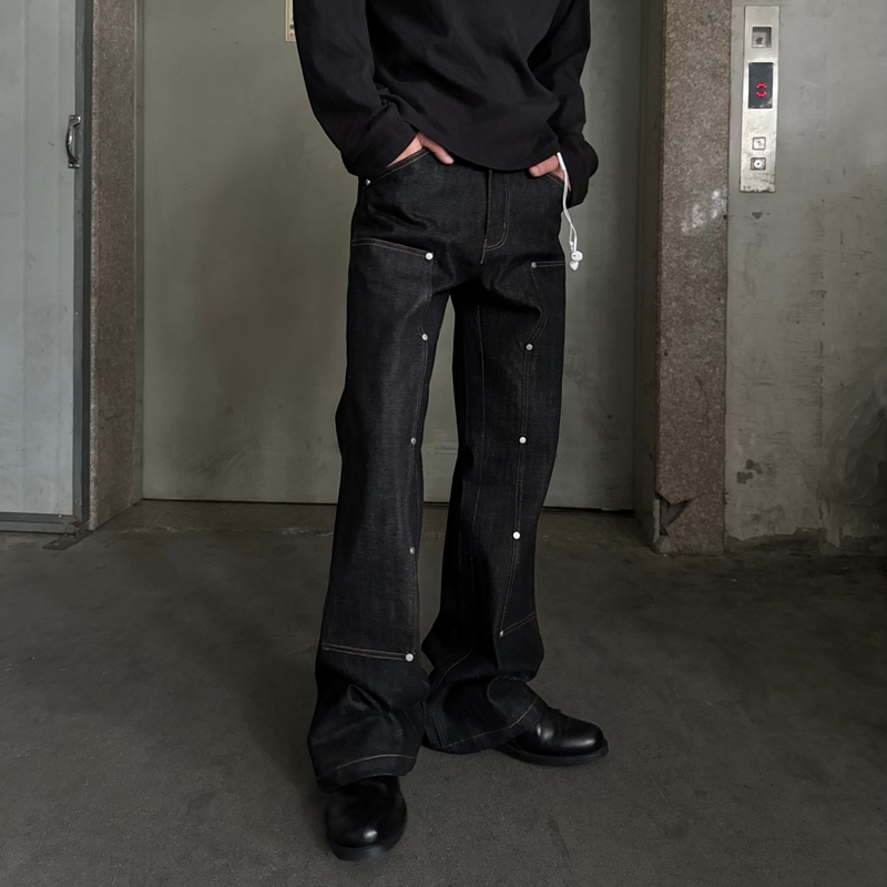 Exoskeleton Black + Inall 646 Version Black Feather 14oz Denim Solid Color Stiff Double-Knee Rivet Raw Denim Long Pants