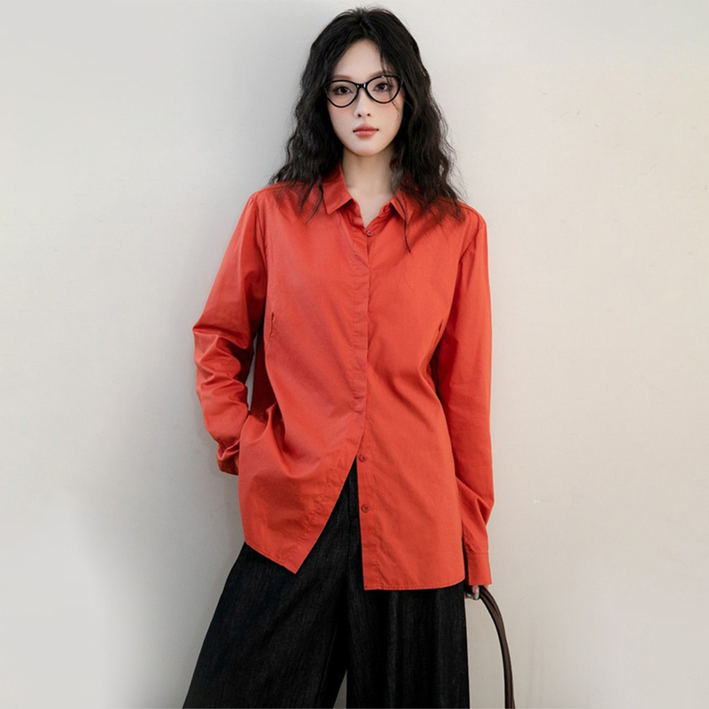 Orange-Red High-End Tencel Cotton Long-Sleeved Shirt for Women 2026 New Autum Casual Loose Layered Orange Shirt