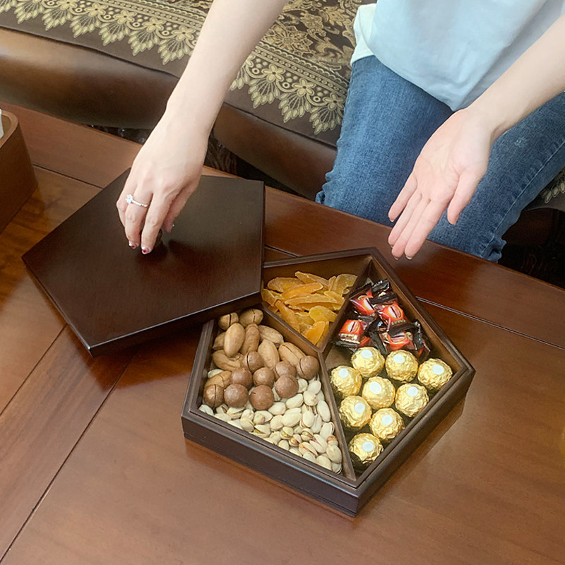 Dried fruit box solid wood new Chinese fruit plate candy box living room household compartment with cover nut plate snack storage box