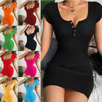 2023 spring and summer cross-border button short-sleeved hip skirt European and American Amazon new sexy womens short-sleeved dress
