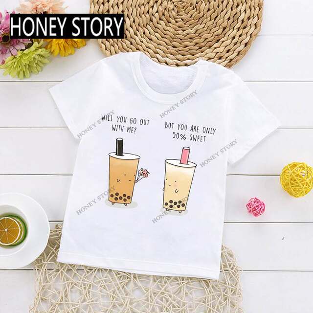 KidsT-shirt pearl milk tea cartoon printing boys and girls T-shirt bottoming shirt INS super fire children's clothing short sleeves