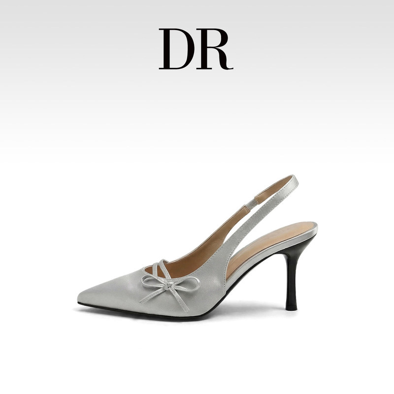 Dr Is Absolutely Stunning! High Heels in the Same Style as Xu Lvyangliu, Pointed Toe, Thin Heel, Open-Back Sandals for Women, 2026, Gray with Bow