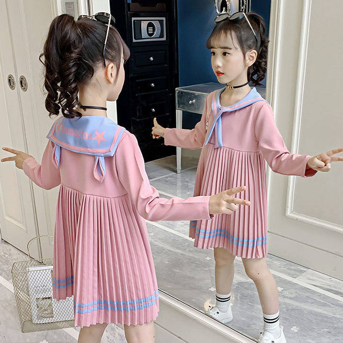 Girl Long Sleeve Foreign Dress Autumn Dress 2022 New Little Girl 100 Pleats Princess Dresses Trendy Children Academy Wind Skirts