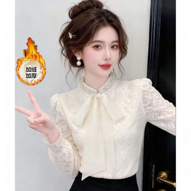 Bow-Tie Stand-Up Collar Fleece-Lined Lace Shirt for Women, Autumn and Winter, with Rhinestone Collar, Puff Sleeves, Gentle and Elegant Long-Sleeve Base Shirt