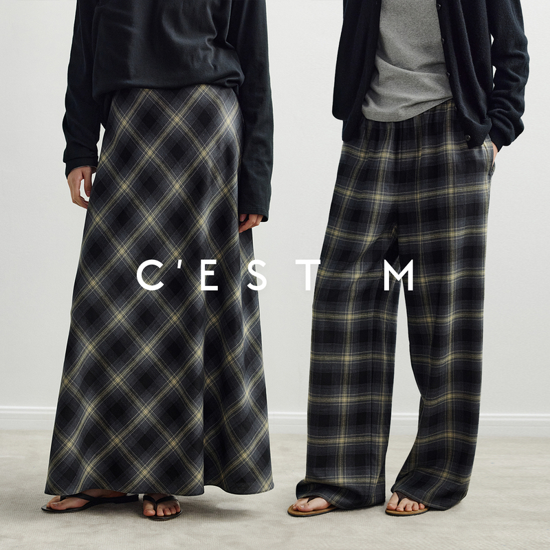 Cest M丨Ombre Check Retro Gradient Row Plaid Worsted Wool Casual Pants/Cross-Cut A-Line Skirt
