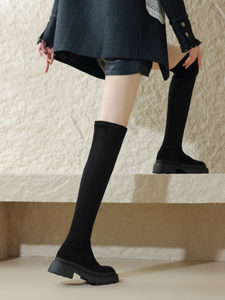Daphne French-Style Stacked Over-The-Knee Boots 2025 Spring New Thick-Soled Long Boots Retro Elastic Slim Boots