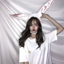 Black half-sleeved loose short-sleeved T-shirt for women 2024 new summer Korean version moon embroidery student slim top for women