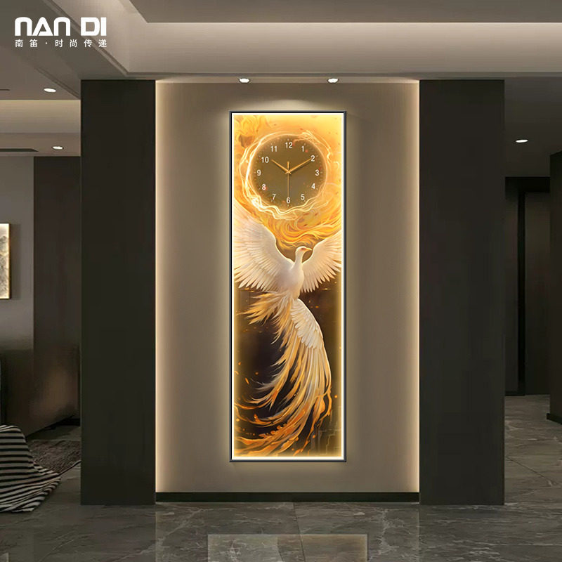 Retro Wind Phoenix Clock hanging bell Living room Xuanguan decoration painting New Chinese art clock led luminous lamp mural-Taobao