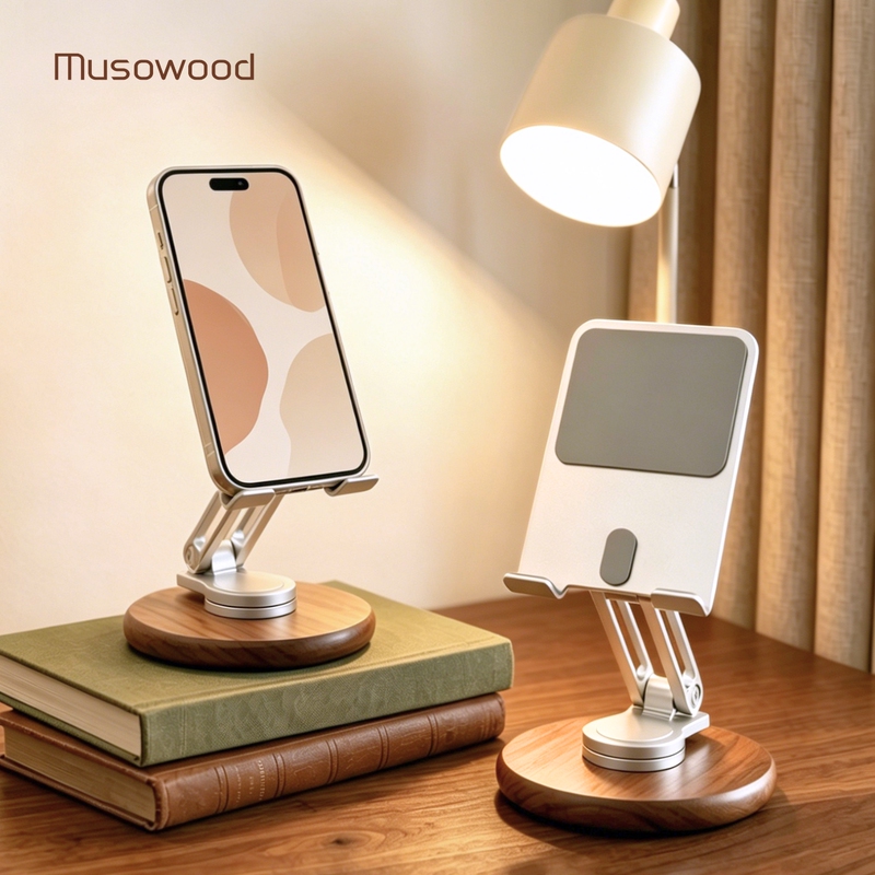 Black Walnut Wood Phone Stand Desktop iPad Tablet Stand Solid Wood Aluminum Alloy 2026 New Model 360-Degree Rotating Foldable Height-Adjustable Online Class Study Bedside Lazy Support Stand