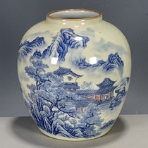 Qing Dynasty Guangxu year blue and white landscape with mountains and water return jar bean green glaze purple edge altar