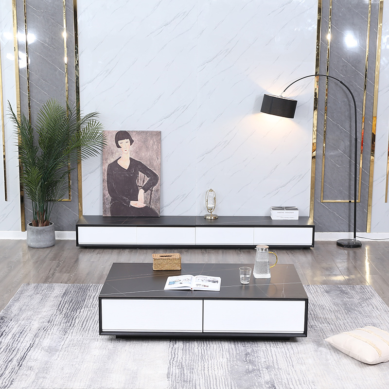 Pure solid wood rubber wood rock board TV cabinet coffee table combination simple modern light luxury living room small apartment TV cabinet