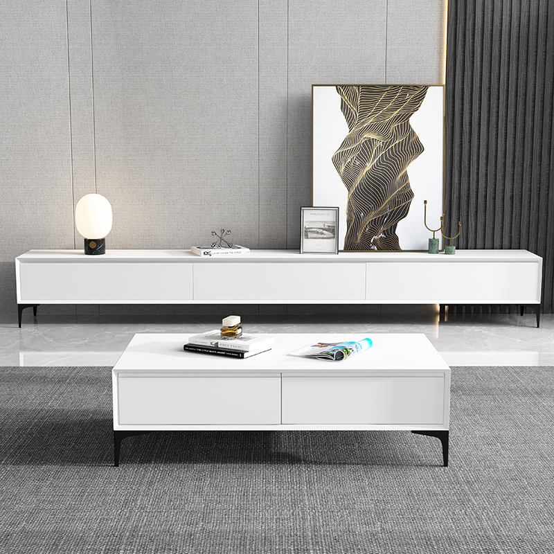 Modern minimalist light luxury white paint Nordic TV cabinet coffee table living room furniture slate TV cabinet heightened