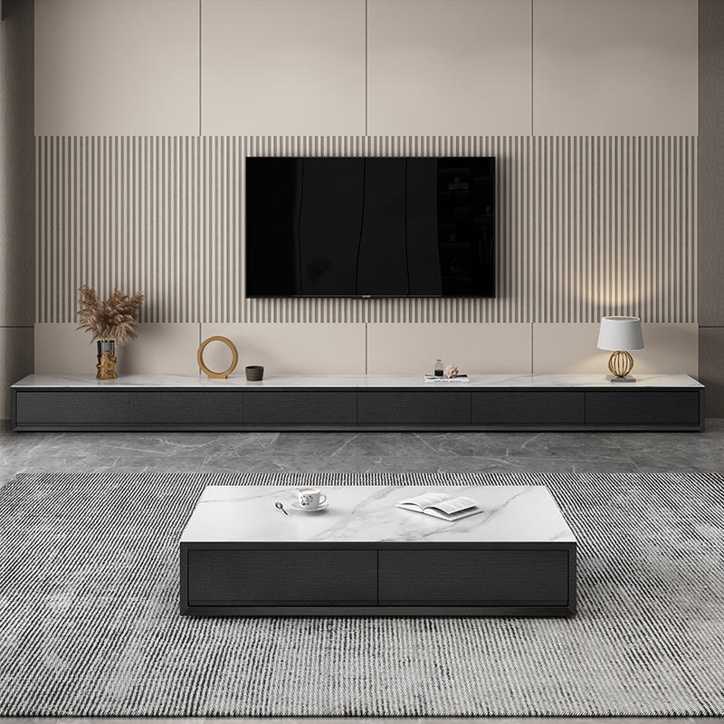 Modern minimalist slate coffee table TV cabinet combination light luxury living room Daping number floor-to-ceiling TV cabinet custom 3 meters