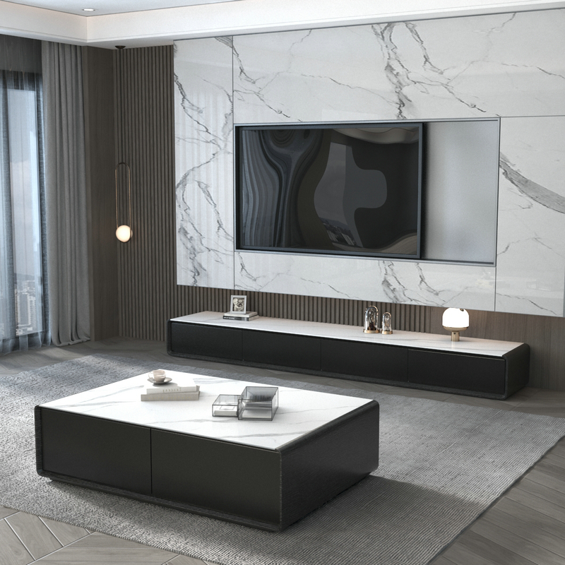 Nordic simple modern rock slab TV cabinet coffee table combination small apartment living room marble 3 meters black rounded anti-collision