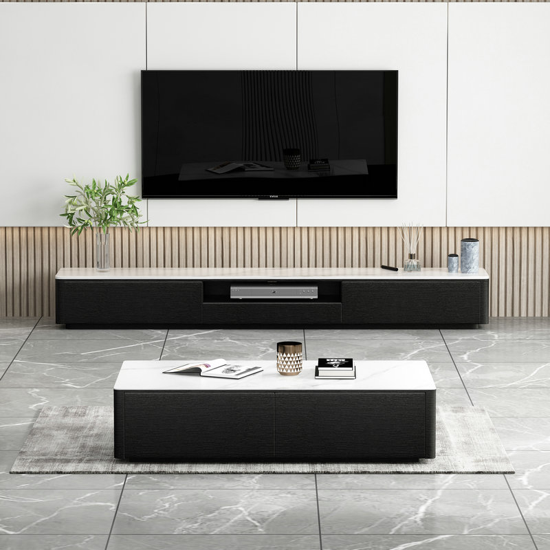Italian modern minimalist rock plate TV cabinet coffee table combination living room TV cabinet black hollow simple modern
