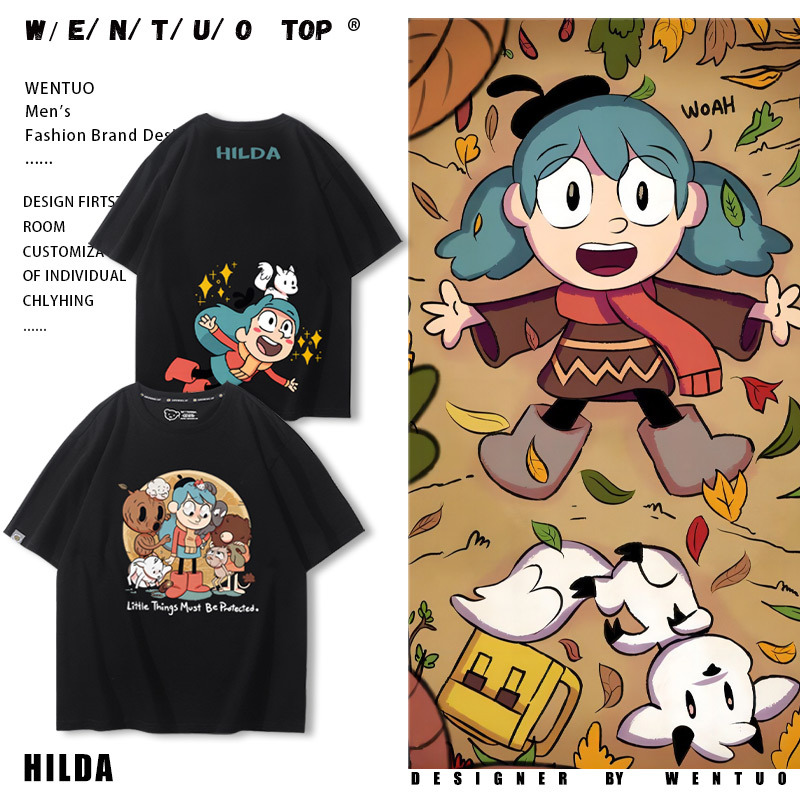 Anime Hilda, the Blue-Haired Girl Who Enters the City, Short-Sleeved Men's and Women's Summer Pure Cotton Casual Style Loose and Versatile T-Shirt