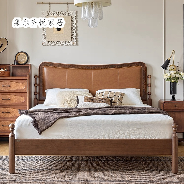 French-Style Vintage Genuine Leather Upholstered Galaxy Bed 1.8m Double Solid Wood Bed with Antique Style for Master Bedroom, Large Bed, American-Style Floor Bed