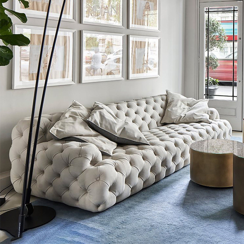 Italian luxury sofa Italian designer simple modern minimalist sofa wabi-sabi wind pull button three-seater sofa