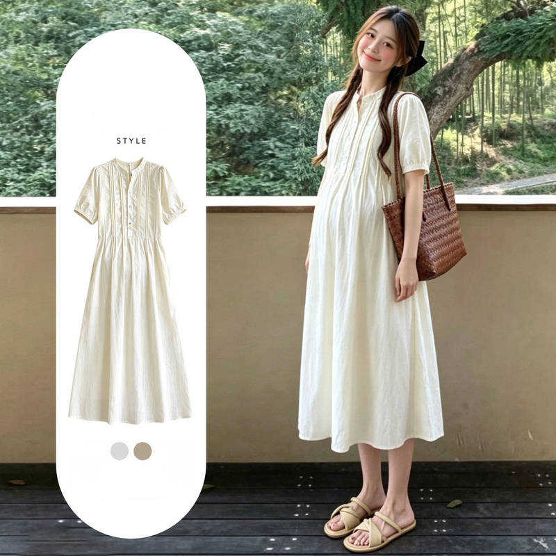 British Dhwa Maternity Dress, New Summer Outerwear, Nursing-Friendly Dress, Pure Cotton Pregnancy French-Style Long Dress, High-End Elegant