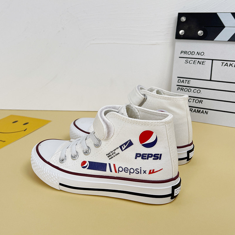 Pull back children's high-top canvas shoes Pepsi co-branded girls' shoes 2022 spring new boys' white shoes