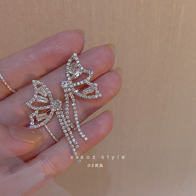 Tassel zircon butterfly s925 sterling silver needle earrings long temperament earrings niche design high-end earrings ladies