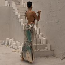 YJ23007 European and American party hot girl dress long skirt metallic coating sexy big backless suspender dress