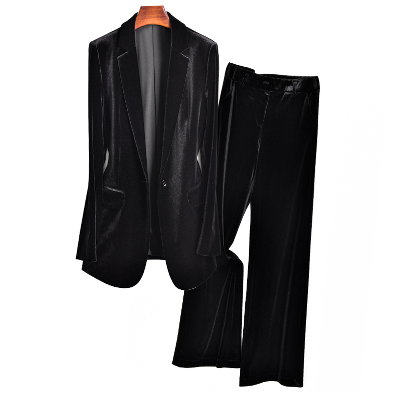 Spring and Autumn Black Velvet Interview Blazer, High-End Fashion, Elegant Professional Attire, Slim-Fit Commuter Suit Set