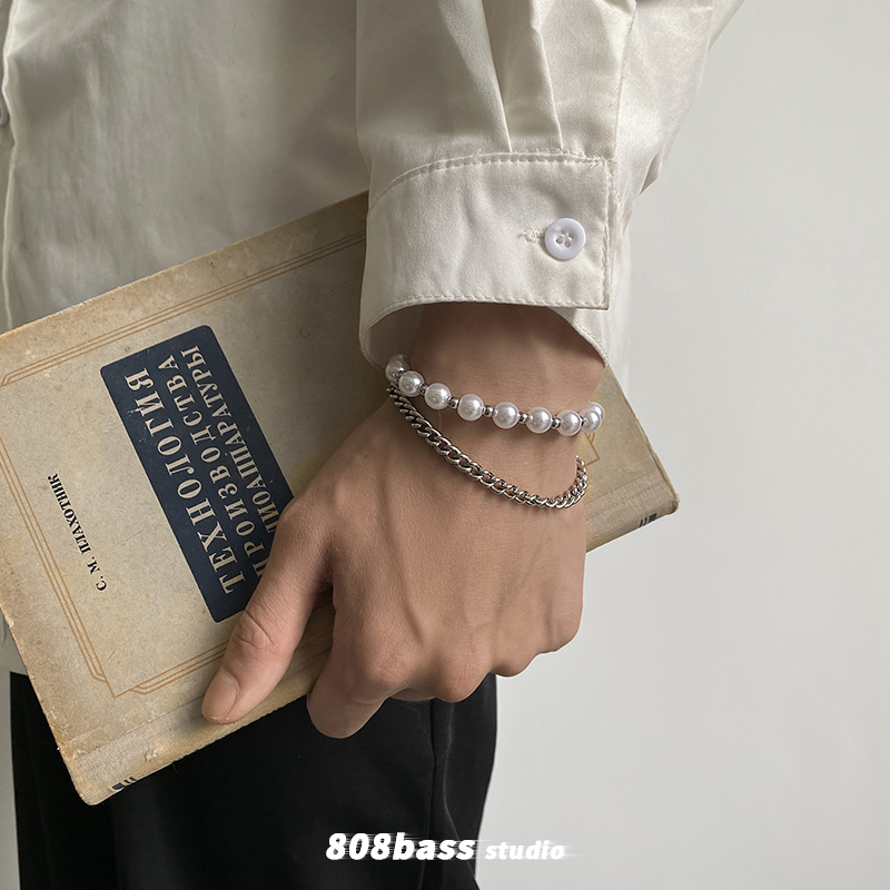 Pearl Double-Layer Bracelet for Men, Trendy ins Light Luxury Niche Design Bracelet for Women, Simple and Stylish Men's Jewelry